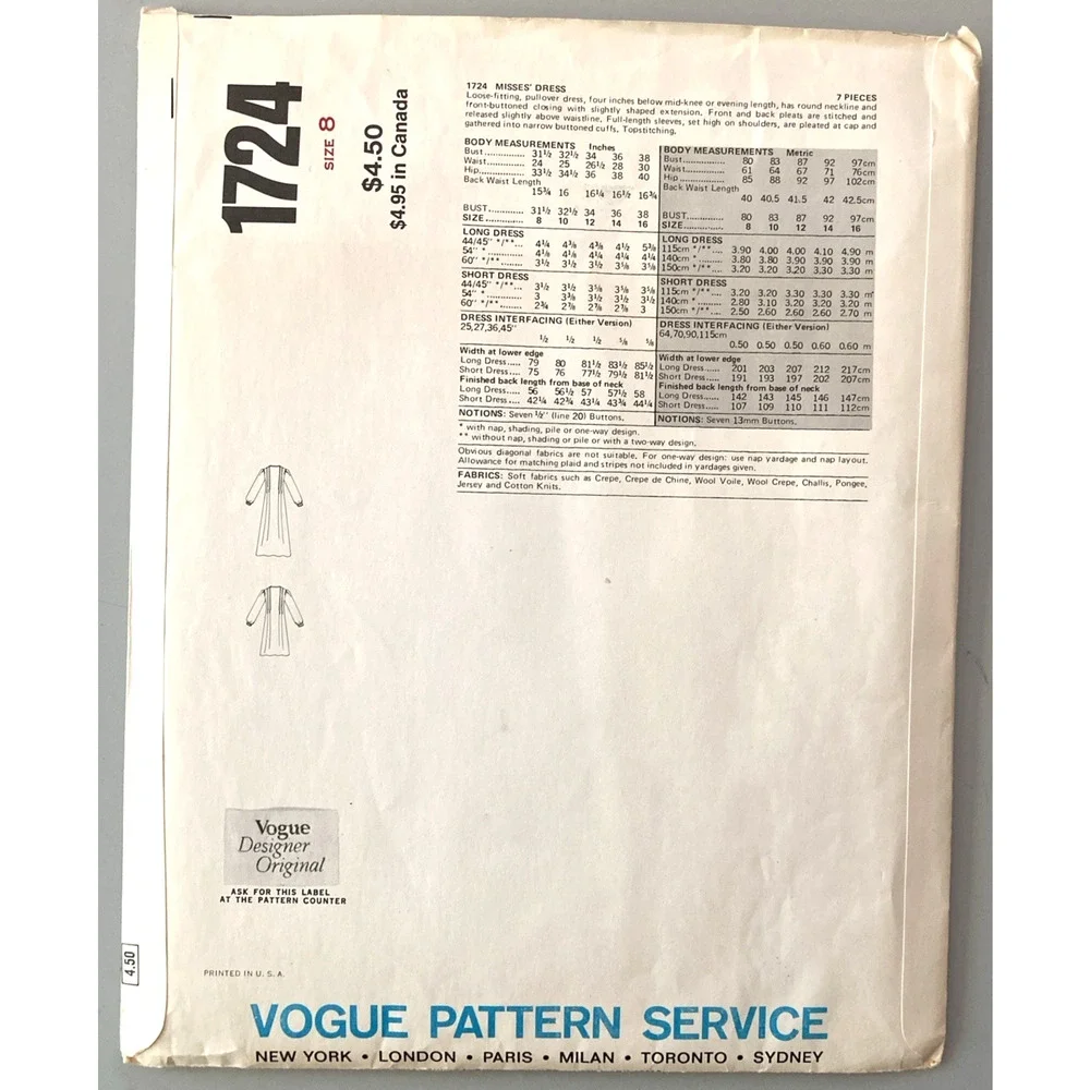 Vogue Designer Original 1724 Jean Muir Pattern Midi Maxi Evening Sz 8 Uncut '70s